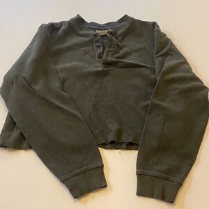 LL Bean Cropped Henley Sweatshirt - Olive Green